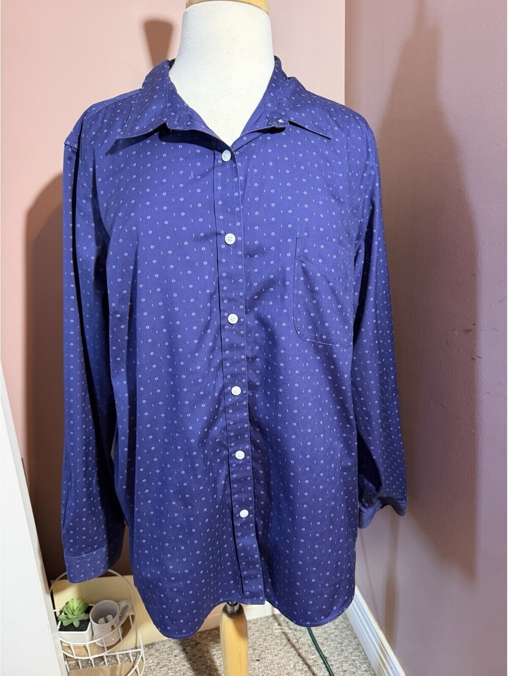 LL Bean Wrinkle Free Blouse Womens 2X Navy Geometric Cotton
